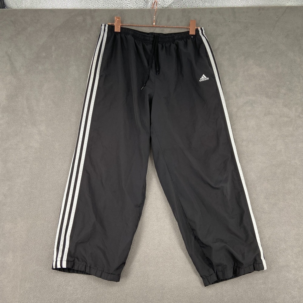 Y2K Adidas Windbreaker Pants Sz Large Black 3 Stripe Straight Leg Athleisure